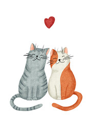 Two cats hugging lovingly. Hand drawn postcard.