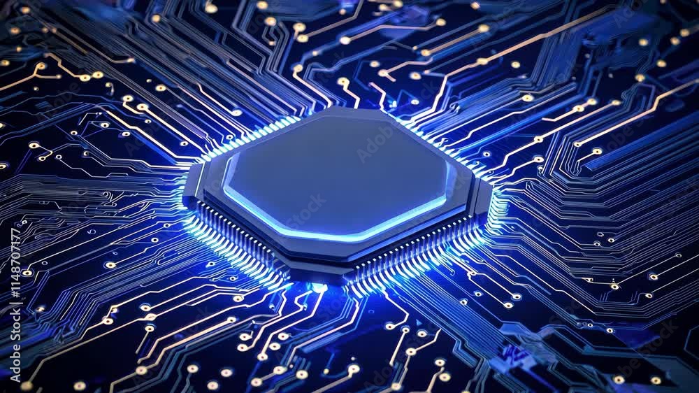 Poster advanced circuit design with glowing microchip in abstract technology background