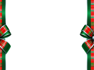 Christmas Border vibrant red and green plaid ribbons, woven with silver threads, isolated on a transparent background.