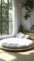 Floor Pillow. Bright cozy round white floor cushion near stairs with h