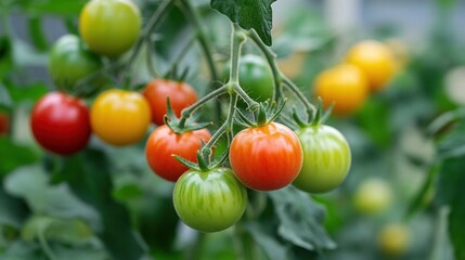 Fresh and Vibrant Tomatoes on the Vine Captivating with Their Vivid Colors of Red, Green, and Yellow Against a Lush Green Background in a Garden Setting