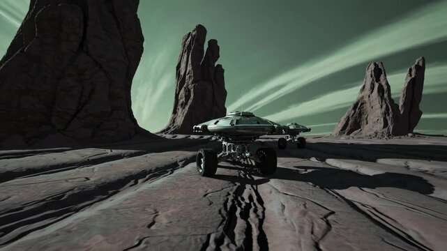 Robots explore alien landscape with towering rock formations and swirling skies at an otherworldly location