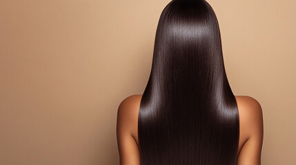 Back view of a woman with shiny straight keratin-treated brown hair minimalistic empty background space ideal for adding text emphasizes elegance simplicity and focus on natural beauty

