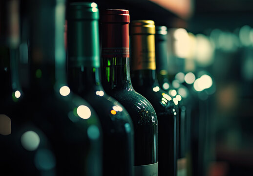 Close-up of wine bottles on a shelf, showcasing various colored caps and necks.