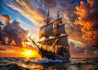 Obraz premium Ancient Caravel Sailing Open Ocean: Dramatic Sunset Landscape