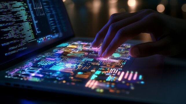 Digital technology, software development concept. Coding programmer, software engineer working on laptop with circuit board and javascript on virtual screen, internet of things IoT