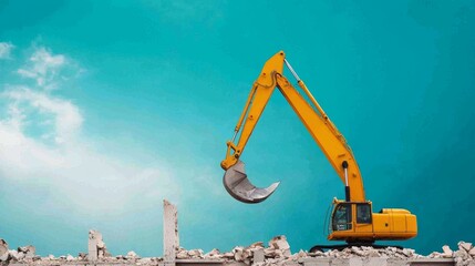 Fototapeta premium A bright yellow excavator demolishing debris under a clear blue sky, showcasing heavy machinery in construction and demolition work.