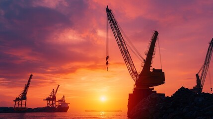 Obraz premium A stunning sunset casts vibrant colors over cranes at a construction site by the water, creating a dramatic industrial landscape.