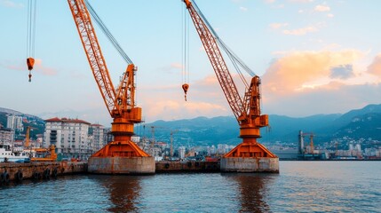 Obraz premium A vibrant coastal scene featuring large cranes by the water, with mountains in the background and colorful skies at sunset.