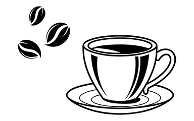 Minimalist black and white illustration of a coffee cup on a saucer with three floating coffee beans. Ideal for coffee shop branding, cafe promotions, and coffee-themed designs.