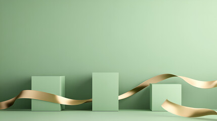 A minimalist product display features three green square podiums against a green background. A golden ribbon flows gracefully around the podiums, adding a touch of elegance to the picture.