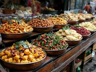 Fototapeta premium Lively Holi afternoon featuring an array of vibrant chaat dishes at a bustling street vendor stall