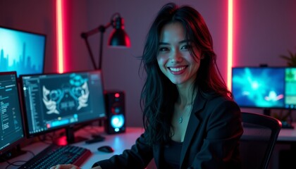 A woman sitting at a desk in front of two computer monitors