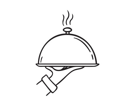 recommend clip art: Waiter hand holding cloche serving plate doodle hand drawn icon. Outline drawing Waiter hand holding cloche serving plate line clipart symbol