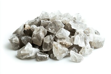 A small mound of crushed gray quartz on a white surface utilized in construction water treatment and farming