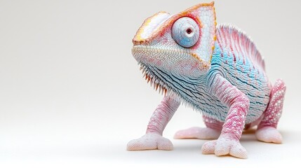 Fototapeta premium Vibrant pink and blue chameleon on white background.
