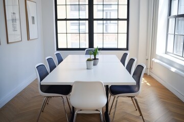 Fototapeta premium A stylish contemporary meeting space with a minimalist white table and comfortable chairs