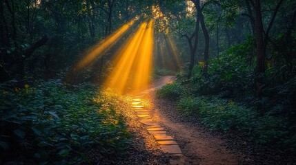 Obraz premium Sunbeams illuminate a forest path.