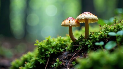 Fairy Inkcap Mushrooms on Mossy Trees - Blurred Forest Background - High Quality AI Art