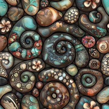 Close up of Fossil Ammonite goniatite texture , Heart shape of sea objects on sand