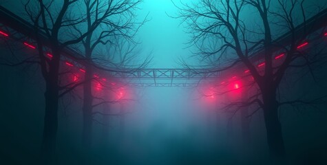 Fototapeta premium A bridge with red lights and trees in the background. Scene is eerie and mysterious
