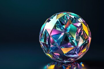 Iridescent geometric sphere on dark background.