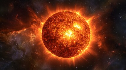 Fiery sun emitting solar flares in space. (3)