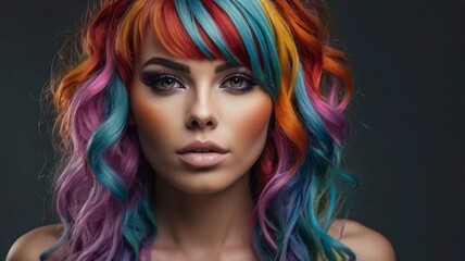 Beautiful woman with multi-colored hair and creative make up and hairstyle. Beauty face.