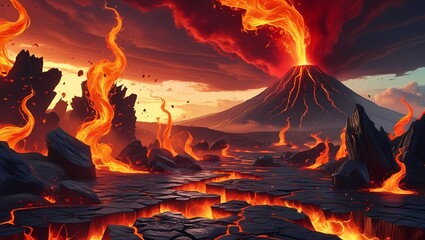 A fiery storm consumes the land under a blood-red sky.