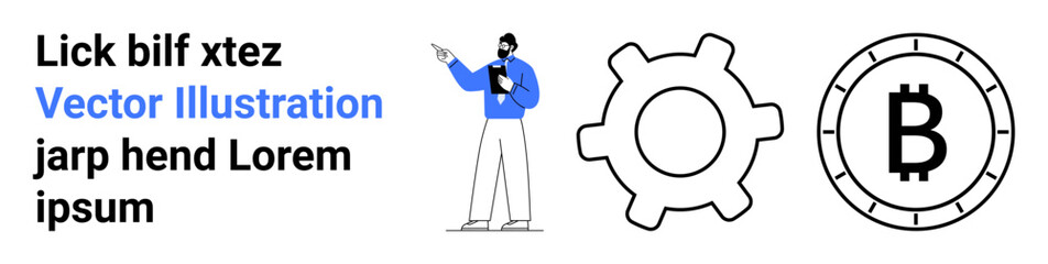Businessman pointing with clipboard, gear icon, Bitcoin symbol. Ideal for technology, cryptocurrency, blockchain, finance, business, digital, development. Landing page