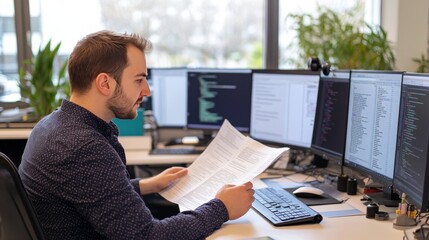 Working IT developer reading coding on document paper software with screens pc at modern office on coding application screens, creating updated program firmware information version concept. Gusher.