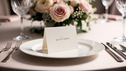 Beautiful inscription welcome, on the table, empty plate, bouquet of flowers

