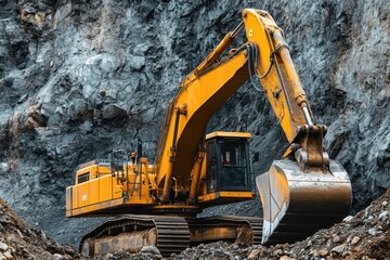 Obraz premium A yellow excavator transporting earth in a quarry Heavy machinery rental