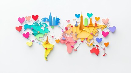 Colorful world map with hearts representing love and connection across continents.