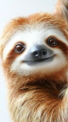 Naklejka premium Cozy Creature. Cute brown sloth closeup smiling wildlife animal portra