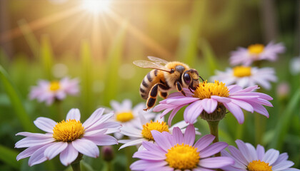 A honeybee is busy gathering nectar from vibrant purple daisies under the sun