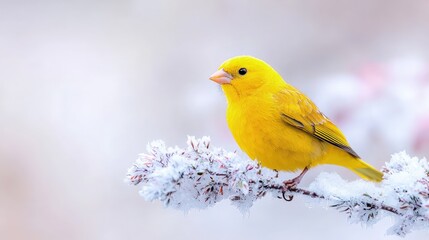 Vibrant yellow bird perched on a snow-covered branch in winter.