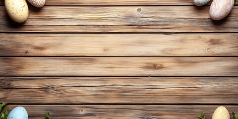 Decorated Easter eggs on rustic wooden background
