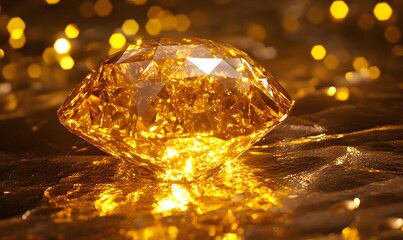 Golden faceted gem on metallic surface with bokeh.