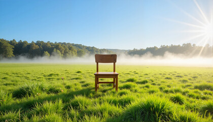 A solitary wooden chair is positioned in a peaceful meadow at dawn with soft mist hovering