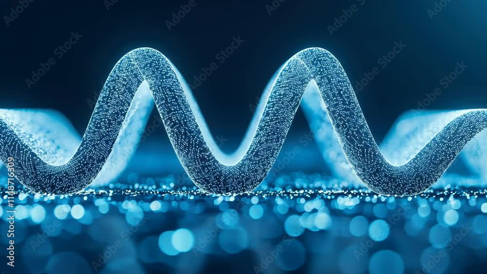 Poster vibrant 3d waveform visualization with data points on a blue bokeh background