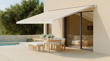 Modern terrace with stylish awning offers summer shade. Wooden furniture including long table, benches creates relaxed dining area. Pool, garden scenery creates luxurious ambiance. Suitable for