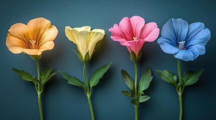 Fototapeta premium Four colorful flowers on a dark background.