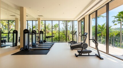 Obraz premium Modern minimalist home gym with clean, stylish design. Featuring neutral tones and sleek fitness equipment