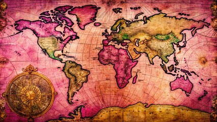 Naklejka premium Antique World Map, Pink Background, Aerial View, Vintage Travel, Geography