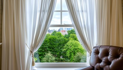 Fototapeta premium White curtains on window, brown leather chair, green trees outside, Dutch cityscape, beige walls.