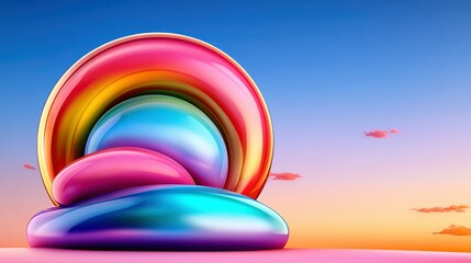 Abstract Rainbow Sculpture at Sunset Vibrant 3D Render of Colorful, Glossy Shapes