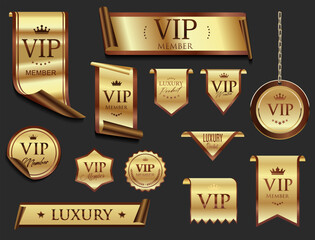 VIP and premium emblem bronze and gold isolated on black background stock illustration 
