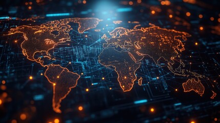 Global business compliance concept graphic interface shows worldwide connections, data flow. International standards, regulations displayed on digital map. Illustrates tech policy planning strategy