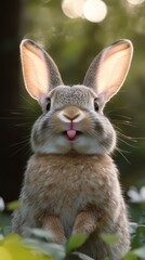 Grey Bunny. Cute fluffy grey bunny rabbit with big ears sitting outdoo